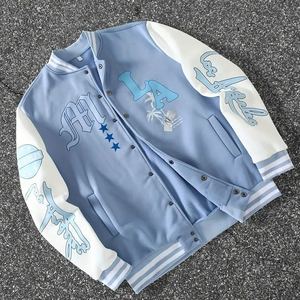 Custom <b>Men's</b> Varsity <b>Jacket</b> Light Blue Letter Embroidery Casual Autumn Coat with <b>White</b> Sleeves and LA Design <b>Men's</b> <b>Jackets</b> - Product Image 1