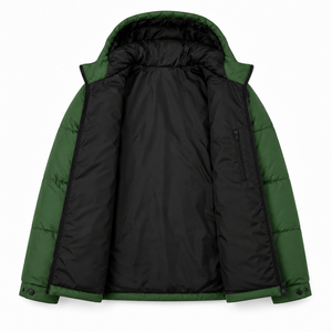 Blouson d'hiver matelassé premium pour homme, capuche réfléchissante intégrée, noir, poches zippées, extérieur lisse, rembourrage chaud, style streetwear moderne - Product Image 5