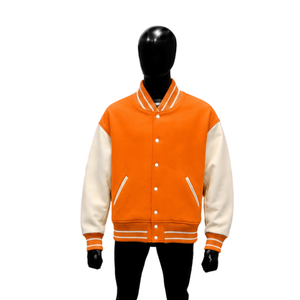 PREMIUM ORANGE LETTERMAN JACKET With Cream Sleeves Turn-down Collar Button Closure Casual Style Autumn Wear <b>ATHLETIC</b> VINTAGE COL - Product Image 1