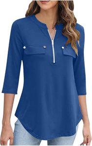 Three quarter sleeve plain tunic blouse <b>top</b> comfortable style Womens daily wear <b>zipper</b> slimming t shirt - Product Image 1