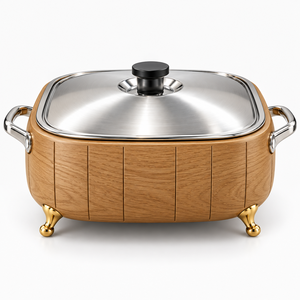 Cacerola de Madera de Lujo para Mantener la Comida Caliente, Tapa de Acero Inoxidable, Asas Plateadas, Patas Doradas, Aislada, 24 cm de Diámetro, Compatible con Todas las Estufas - Product Image 2