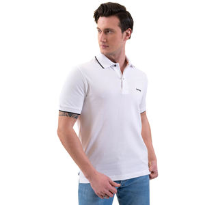 Polo en coton blanc pour homme, manches courtes, coupe classique, couleur unie, tricot piqué, bordure contrastée, logo sur le devant - Product Image 1