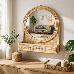 Boho Rattan <b>Mirror</b> With Storage Shelf Handmade Perfect <b>Vanity</b> <b>Mirror</b> With Shelf For <b>Makeup</b> And Skincare Items From India - Product Image 3