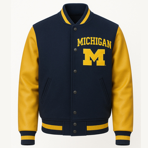 Custom for Navy Blue <b>Yellow</b> Men's Winter Varsity Letterman Jacket <b>Wool</b> Body Leather Sleeves College Team Sport Bomber - Product Image 1