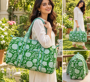 Green Casual Luxury Sport Large Capacity Durable Cotton Kantha Quilted <b>Weekender</b> <b>Travel</b> Duffel <b>Bag</b> with Zipper - Product Image 2