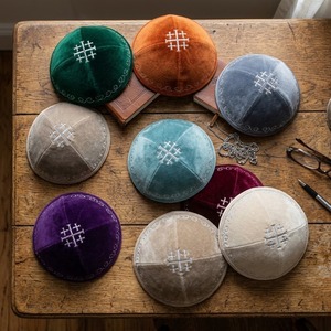 Kipá/Yarmulke de Terciopelo de 4 Paneles Personalizada al por Mayor con Cruz de Jerusalén Bordada y Borde con Estampado de Pergaminho, Gorra Yarmulke Judía - Product Image 2