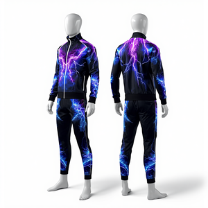Conjunto Deportivo Unisex Ecológico de Poliéster con Forro Polar, Cuello Redondo, Cremallera Completa, Estampado de Rayos Neón, Colección Streetwear - Product Image 4