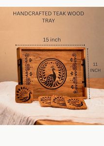 ถาดไม้ตกแต่งทรงสี่เหลี่ยมผืนผ้า ถาดเสิร์ฟลายเพ้นท์มือ สำหรับชา กาแฟ ขนม พร้อมหูจับโลหะ - Product Image 2