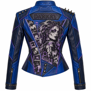 Royal Blue <b>Women</b> Genuine Leather Biker Jacket Custom Asymmetric <b>Wrap</b> Studded Photographer Graphic <b>Coat</b> OEM Factory Service - Product Image 2