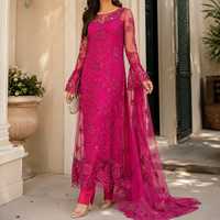 Nouvelle Kurta Droite Longue Rose Vif en Soie Brodé, Style Salwar Kameez Pakistanais, pour Femme, Tenue de Soirée Designer, Infroissable