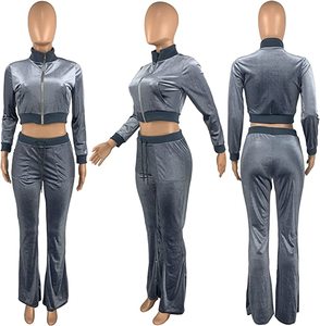 ชุดวอร์มผ้ากำมะหยี่แบบมีฮู้ด ครอปท็อป ลายขนนกวินเทจ ผ้าฝ้าย 100% ชุดเซ็ตสองชิ้นสำหรับผู้หญิง เสื้อซิป - Product Image 1