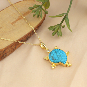 Handcrafted blue turquoise ammonite carving pendant <b>with</b> minimal zircon bezel set necklace 18k gold plated chain fashion jewelry - Product Image 6