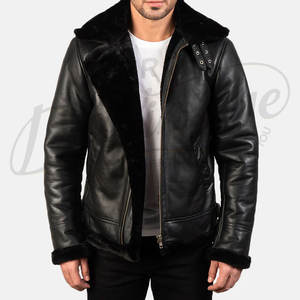 Veste en cuir véritable noir de qualité supérieure pour homme, style aviateur, col en fausse fourrure, coupe ajustée, rembourrée, pour l'hiver - Product Image 6