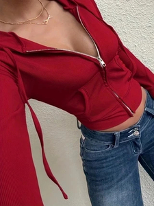 Sudadera con capucha y cremallera para mujer, top corto de manga larga, tejido de punto, color sólido, transpirable, para otoño - Product Image 3