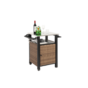 Carrello da Cucina Esterno a Porta Singola con Isola in Vimini, Ruote in Acciaio Inossidabile, Armadietto Contenitore e Tavolo Estensibile per Patio - Product Image 2