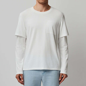 เสื้อคอกลมแขนสองชั้นสำหรับผู้ชายเสื้อโอเวอร์ไซส์ทรงหลวมเปิดไหล่ปล่อยชายเสื้อผ้าฝ้ายสองชั้น - Product Image 1