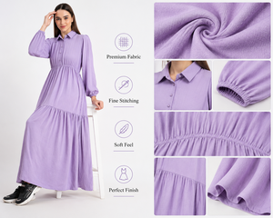 เดรสยาวสีม่วงพาสเทลสำหรับผู้หญิง - เดรสแขนยาวผ้าฝ้ายทรงชั้นๆ สไตล์ลำลอง โบโฮ เหมาะสำหรับใส่ไปเที่ยวพักผ่อน - Product Image 3