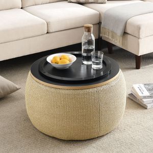 ออตโตมันทรงกลมอเนกประสงค์ 2 in 1 สีธรรมชาติ ขนาด 25.5"x25.5"x14.5" ใช้เป็นโต๊ะข้างและออตโตมัน - Product Image 3