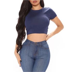 Camisetas Streetwear para Mujer, Color Verde Oliva, Corte Recortado, Manga Corta, Cuello Redondo, Camiseta Corta Elegante, Lisa, de Algodón Suave, Informal - Product Image 4