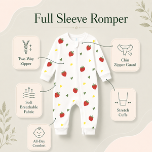 100% Bamboo Unisex Baby Full Sleeve Romper | Two Way Zipper Chin Guard Stretch Cuffs Strawberry Print Lightweight Sleep Suit - Product Image 5
