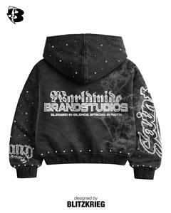 Black Zip Hoodie | Oversized Studded <b>Gothic</b> Graphic Hoodie | Blessed In Silence Streetwear <b>Jacket</b> OEM Private Label Manufacturer - Product Image 3