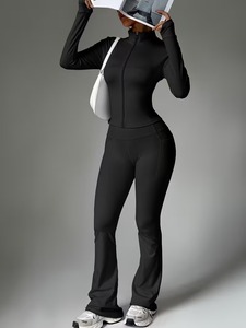<b>Womens</b> Full Zip Tracksuit | Mock Neck Thumbhole <b>Jacket</b> & Flare Pants Set | Two Piece Slim Fit Pocket Gym Activewear Trousers - Product Image 6