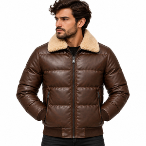 Blouson aviateur en cuir marron pour homme, doublure respirante, coupe-vent, fermeture éclair écologique, col rabattable, style moto, hiver - Product Image 1