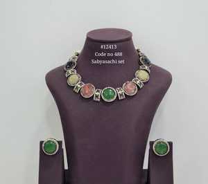 Ensemble collier et boucles d'oreilles 12413, pierre doublette magique, plaqué Mehandi, inspiré de Sabyasachi, pour femmes, bijoux pour mariage et fêtes - Product Image 5