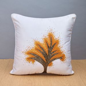 <b>White</b> Satin Tree Of Life Beaded Cushion Cover Hand Embroidered Orange Bugle Bead <b>Throw</b> Pillow Case For Couch Bed Sofa Home - Product Image 1