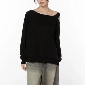 <b>Womens</b> <b>Navy</b> Blue Cold Shoulder Sweatshirt One Shoulder Cut Out Long Sleeve <b>Fleece</b> Pullover Oversized Y2K Streetwear Thermal Tops - Product Image 2