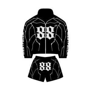 Conjunto de Chaqueta y Pantalones Cortos Deportivos Negros Personalizados con Cremallera Completa, Estilo Gótico, Cortavientos de Verano, Traje Deportivo de Nailon para Hombre, Sudadera con Capucha y Pantalones Cortos, Estilo Americano - Product Image 4