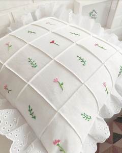 <b>White</b> Hand Embroidered Cotton Cushion Cover Ruffle Lace Trim Floral Decorative <b>Throw</b> Pillow Custom Logo Style De Maison - Product Image 2