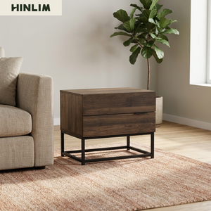 Modern Industrial Minimalist Wood Nightstand 2-Drawer Metal Frame <b>Storage</b> <b>Side</b> <b>Table</b> for Bedroom Living Room Furniture - Product Image 3