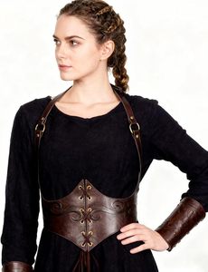 Women Dark Brown Leather Corset Belt Embossed Lace Up Front <b>Waist</b> <b>Cincher</b> Bustier with Shoulder Straps - Product Image 6