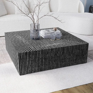 Mesa de centro ovalada con incrustaciones de hueso en blanco y negro, con un moderno diseño geométrico abstracto de triángulos. Disponible al por mayor. - Product Image 4
