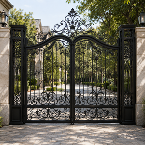 Portail d'entrée principal de luxe en fer forgé noir, double battant ornemental, pour allée de villa, portail décoratif en métal, vente en gros - Product Image 1