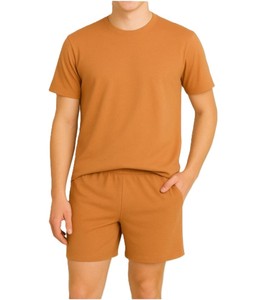 Ensemble T-shirt et short pour homme, couleur unie marron, col rond, manches courtes, décontracté, été, tricoté, vêtements de sport, 100% coton, séchage rapide, 220g - Product Image 4