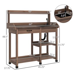 Marrone scuro panca in legno rimovibile lavello rubinetto cassetto giardino esterno stazione di lavoro con scaffali ganci di stoccaggio - Product Image 3
