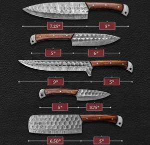 Juego de Cuchillos de Chef de Acero de Damasco Forjados a Mano de 5 Piezas con Mangos de Madera, Hojas Afiladas, Diseño Ambidiestro y Borde Dentado para Uso Diario - Product Image 5