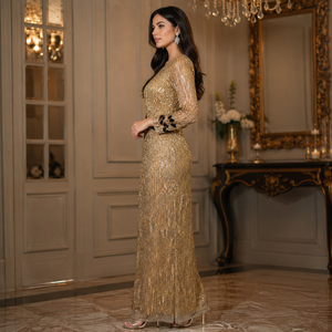 Vestido de Noche de Lentejuelas Doradas de Lujo para Mujer |   Elegante Vestido Largo de Manga Larga |   Ropa de Fiesta de Diseño Premium para Bodas y Recepciones Formales - Product Image 2