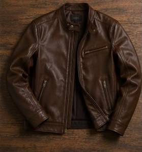 Blouson moto matelassé vintage unisexe en cuir PU marron, col mandarin, fermeture éclair, coupe classique, style hiver, ODM - Product Image 2