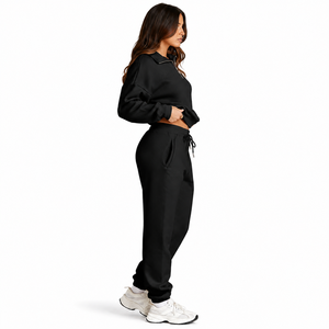 Conjunto Deportivo de Mujer Negro con Media Cremallera y Cordón Ajustable, Sudadera y Pantalones Largos con Bolsillos Laterales, Poliéster/Algodón, Ropa Casual - Product Image 4