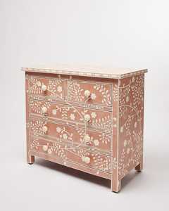 Commode large en bois noir avec incrustations d'os, 6 tiroirs, motif floral traditionnel, base en acier doré, rangement de luxe pour chambre à coucher - Product Image 2