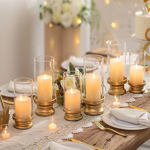 Hurricane <b>Candle</b> Holder Gold <b>Pillar</b> <b>Candle</b> Holders with Clear Glass Sleeve Set of 2 Decorative Brass Metal <b>Pillars</b> - Product Image 2