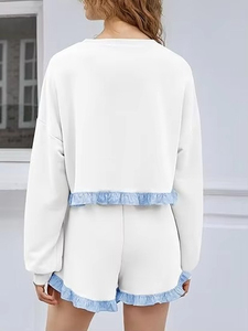 <b>Women's</b> <b>White</b> Solid Oversized Knitted <b>Sweatshirt</b> with Blue Ruffle Hem O-Neck Long Sleeve Summer Breathable Casual Front Design - Product Image 5
