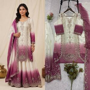 Ensemble indien pakistanais blanc et violet dégradé, robe Anarkali brodée en Georgette, dupatta en tulle, séchage rapide, tenue de mariage festive - Product Image 5