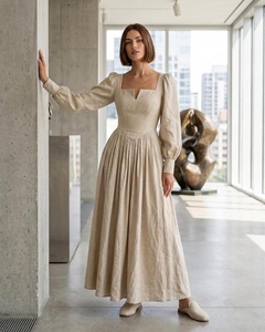 High Quality <b>Linen</b> Maxi <b>Dress</b> With Puff Sleeves Square Neck <b>A</b>-<b>Line</b> Pleated Loose Fit Natural Waist Daily Casual <b>Linen</b> <b>Dress</b> - Product Image 1