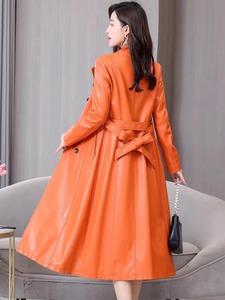 Manteau long en cuir véritable pour femme, col montant, double boutonnage, coupe ajustée, mode automne-hiver - Product Image 2