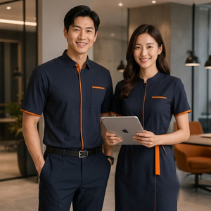 Chemise uniforme bleu marine à manches courtes avec bordure orange en polyester respirant pour vêtements de travail pour adultes - Product Image 3