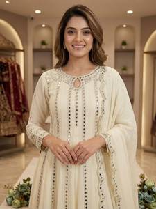 Vestido Maxi Anarkali Vintage con Lentejuelas Bordadas, Cintura Imperio, Tejido Sólido, Dobladillo Acampanado, Manga Larga, Dupatta, Elegante para Fiestas - Product Image 6